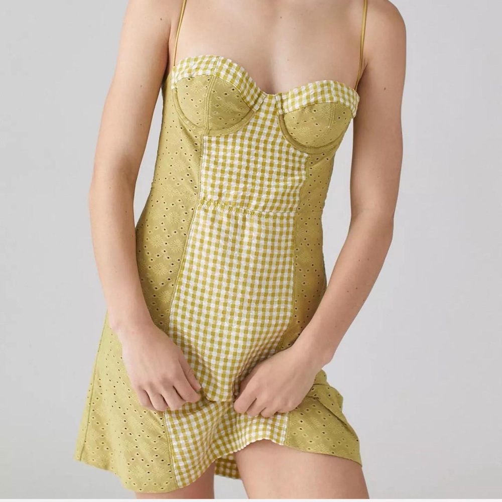 Urban Outfitters Felicity Eyelet Bustier Mini Gingham Dress XS